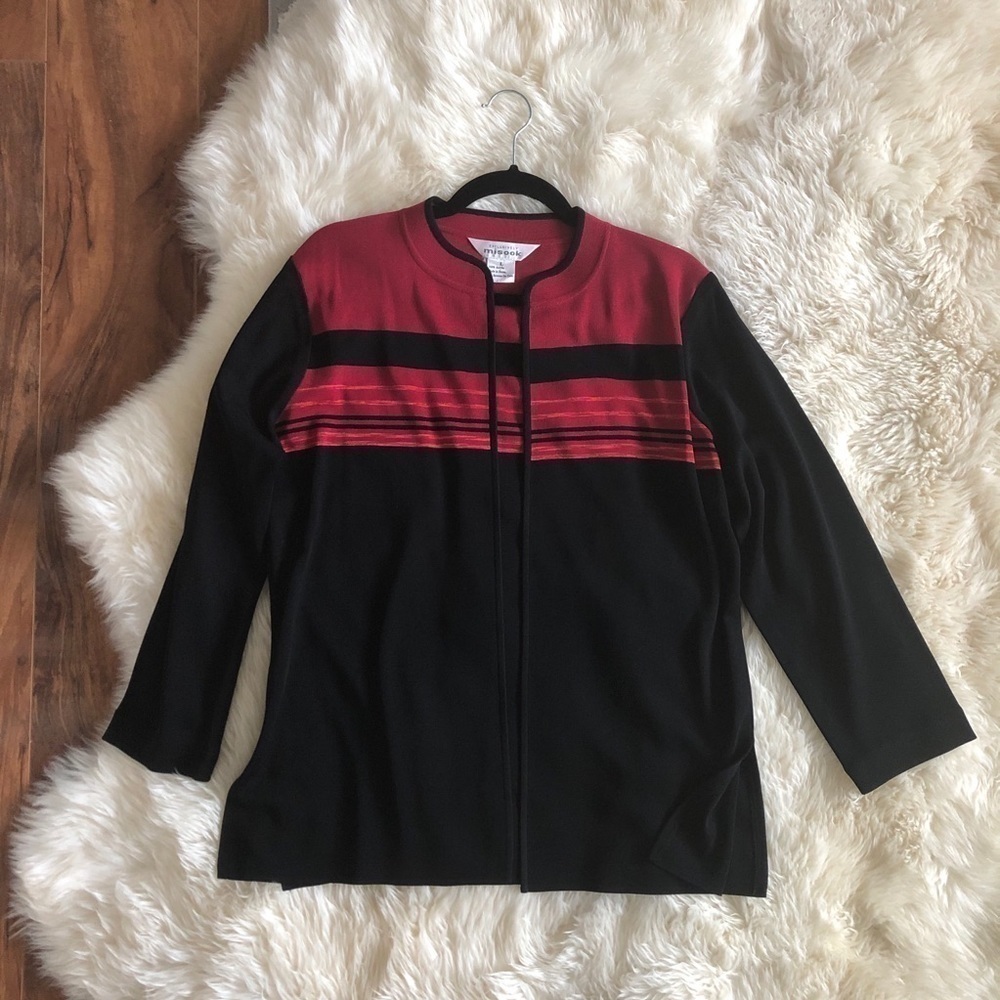 Misook Knit Open Front Cardigan Sweater Stripe L